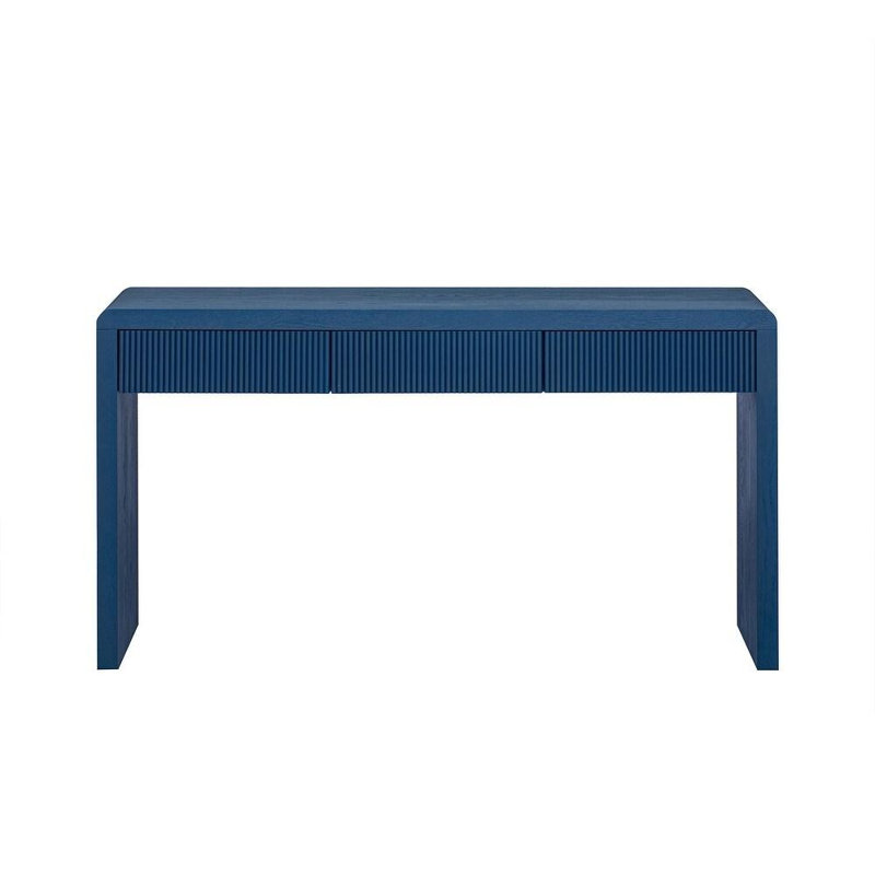Console 55 po à double caisson en bois bleu avec trois tiroirs