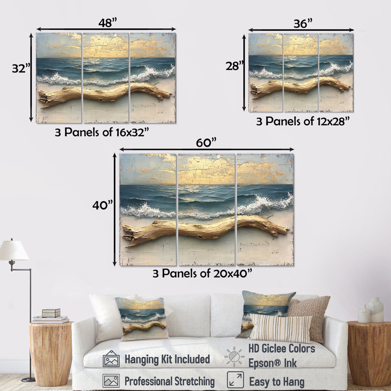Ensemble de décorations murales bord de mer doré et bleu Driftwood, Toile tendue, H 32 po x l 48 po x P 1 po