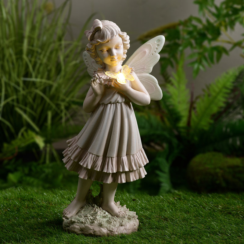 Girl Holding Butterfly Lighted Garden Statue Solar Powered LEDs