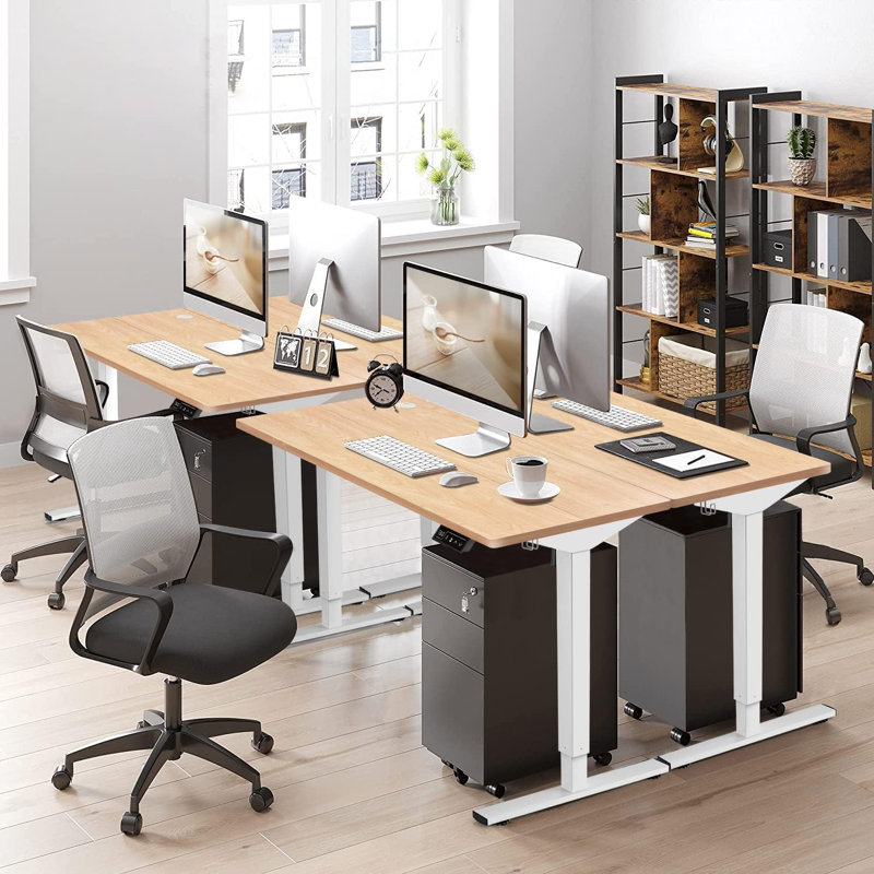 Alvana Adjustable Metal Base Standing Desk, White, Beige, 116cm H x 100cm W x 60cm D