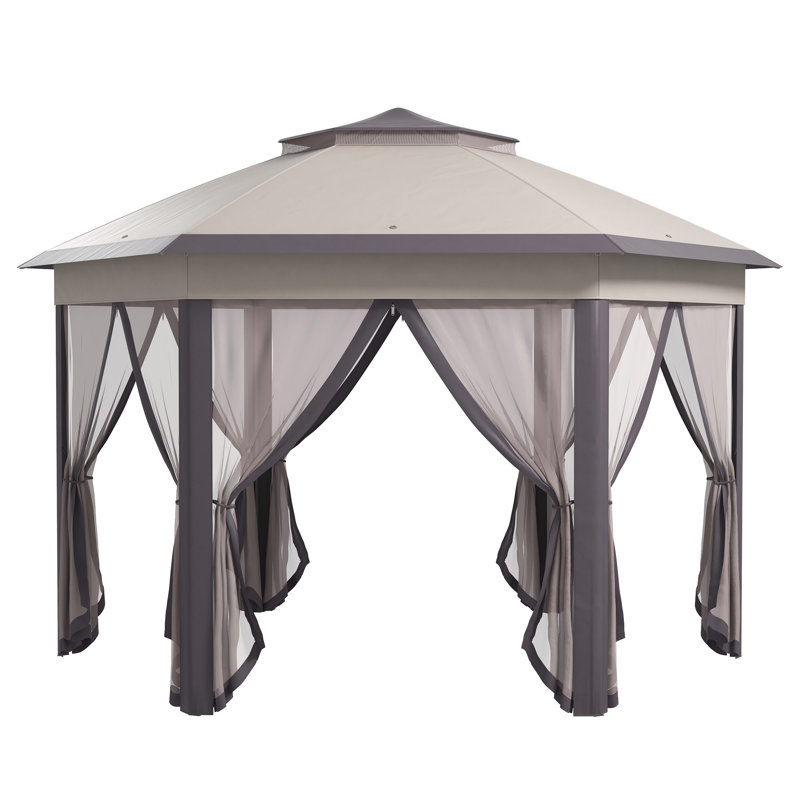 3 X 4m Hexagon Pop Up Gazebo, Double Roof Vented Canopy With Mesh Netting, Powder Coated Metal Frame, Portable Carry Bag, Outdoor Party Shelter For Patio Garden, Beige