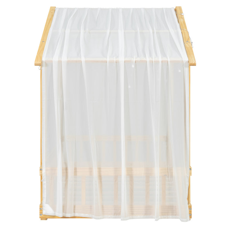 Lit plateforme simple avec baldaquin en tissu transparent et guirlande lumineuse, naturel, Lit simple, Naturel