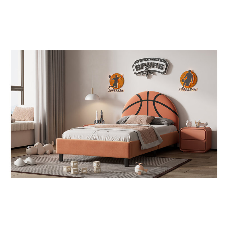 Basketball Design Upholstered Twin Platform Bed Sport Style Bed For Boys  Girls, Teens, Orange