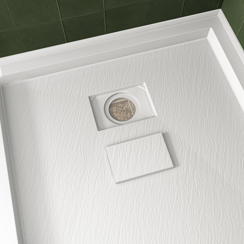  60" W x 32" D Solid Surface Single Threshold Shower Pan Base with Drain Cover Included, Textured Surface Slip-Resistant Shower Base Pan, White, Left Drain