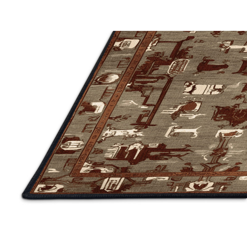 Tapis art déco brun lavable à la machine, Rectangle 5 pi x 7 pi