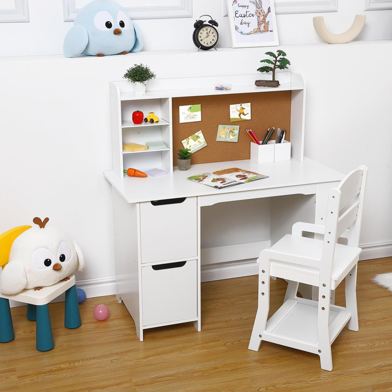 Ensemble de bureau et chaise pour enfants avec huche, table d'étude en bois avec tablette de rangement, babillard, bureau d'écriture pour garçons et filles de 3 à 8 ans