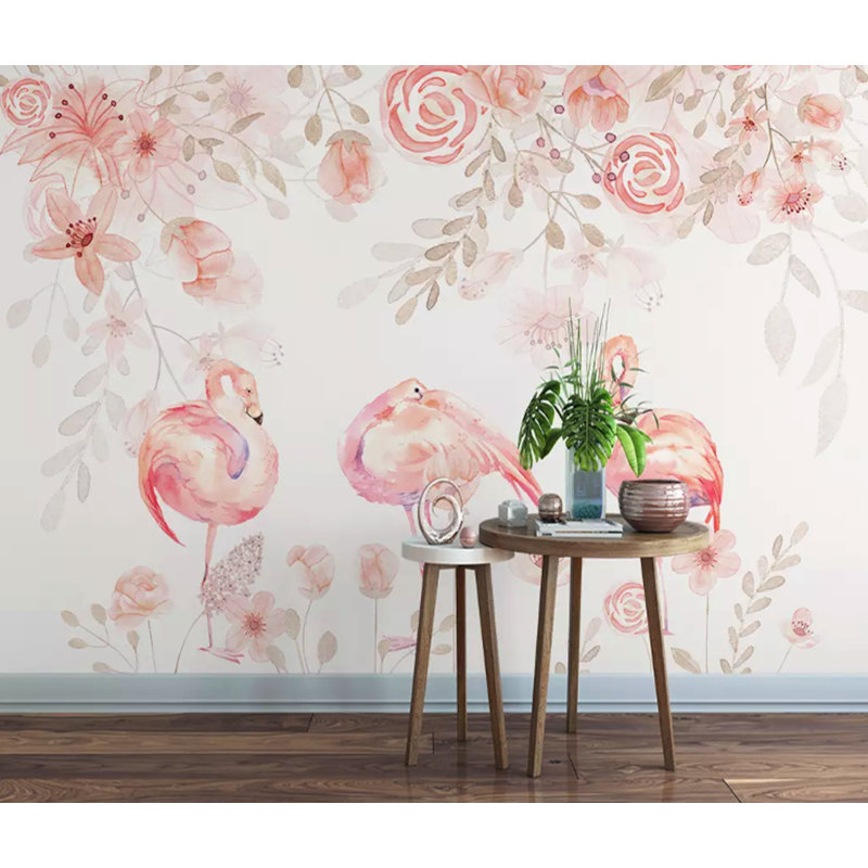 Papier peint amovible floral rose flamant rose et jardin de roses, L 35,04 po x l 55 po