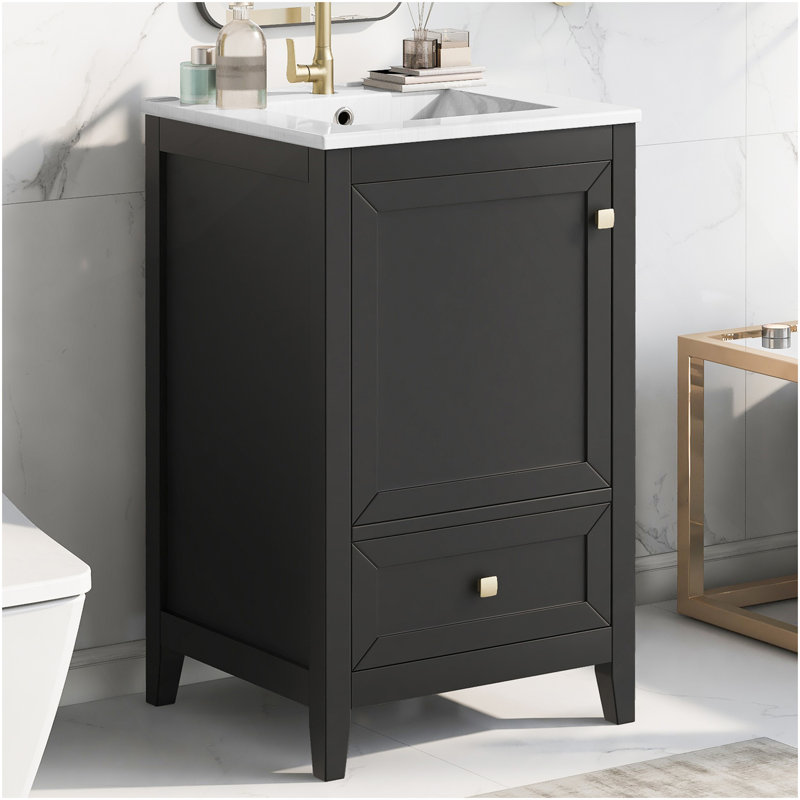 Meuble-lavabo de 20 po avec lavabo, armoire de salle de bain avec porte à fermeture douce, support de rangement et tiroir, noir