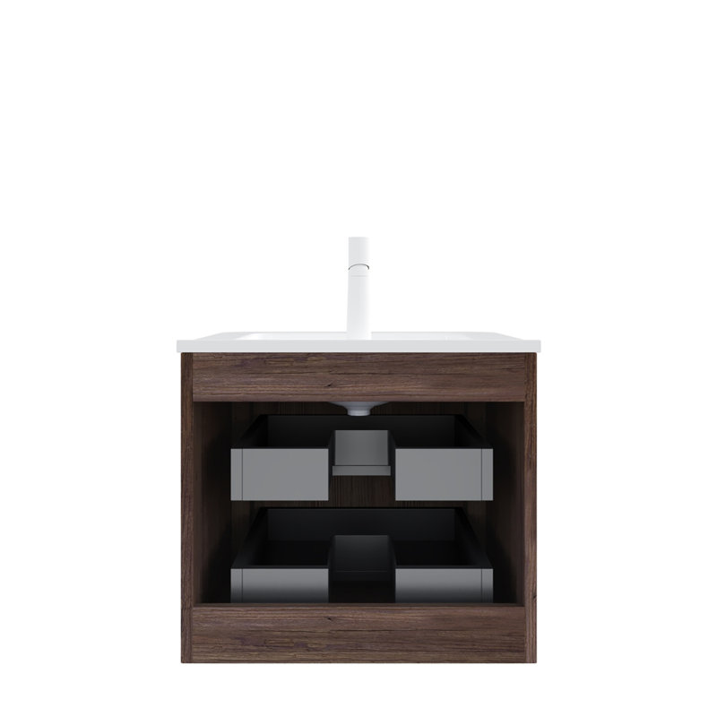 Meuble-lavabo de salle de bain NOOR 24 po avec lavabo, armoire de rangement murale en contreplaqué flottant avec 2 tiroirs, lavabo en céramique blanche, robinet NO, pré-assemblé, couleur grain de bois noyer rétro