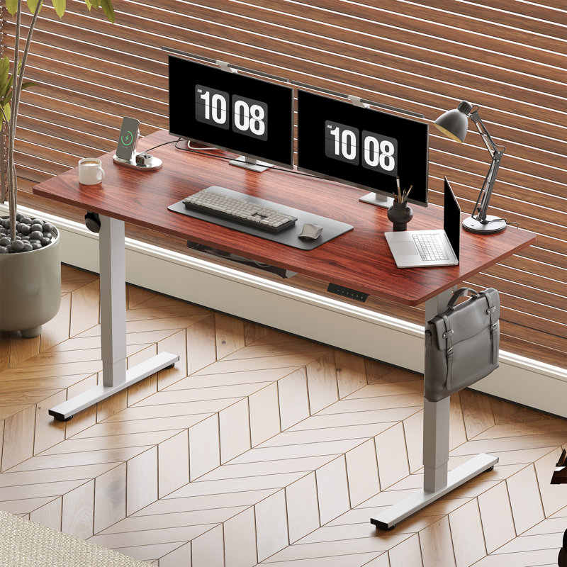 Adjustable Standing Desk, Whole-Piece Desktop, 60" W x 24" D, Mahogany/Gray