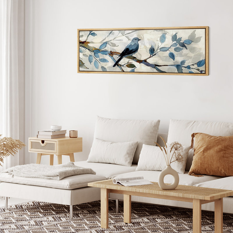 Bird " Tranquil Blue Birds On Tree Branches " 2 - Pieces, 20" H x 60" W, Floater Framed Print without Mat, Natural
