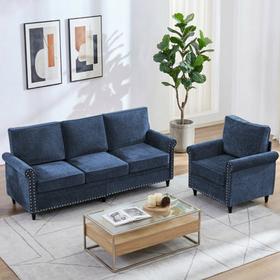 Chenille Mid-Century Modern 2 Piece Sofa Set, Navy Blue