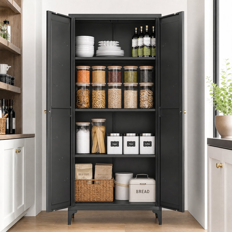 Armoire de cuisine polyvalente tout en acier avec tablettes réglables et fermeture magnétique sécurisée, Noir