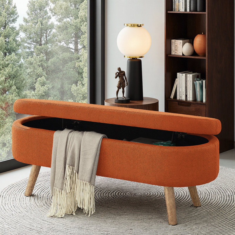 Luxury Oval Boucle Storage Ottoman Bench With Wood Legs 350Lb Weight Capacity & Safety Hinge, For Living Room, Bedroom Entryway,ORANGE