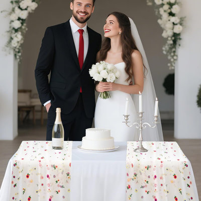 Embroidered Daisy Floral Table Runner – Champagne – Spring & Summer Cheesecloth Chiffon Table Cover For Weddings And Parties