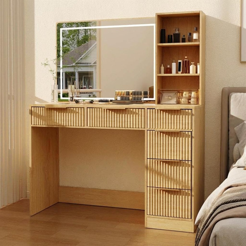 Meuble-lavabo cannelé de 52 po avec miroir et éclairage réglable, Tanné