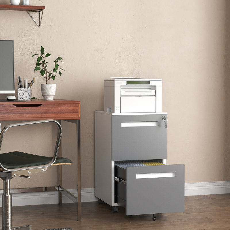 Bizoe Gray 2 Drawer Mobile File Cabinet with Lock, Pre-Assembled Body with Easy Wheel Installation