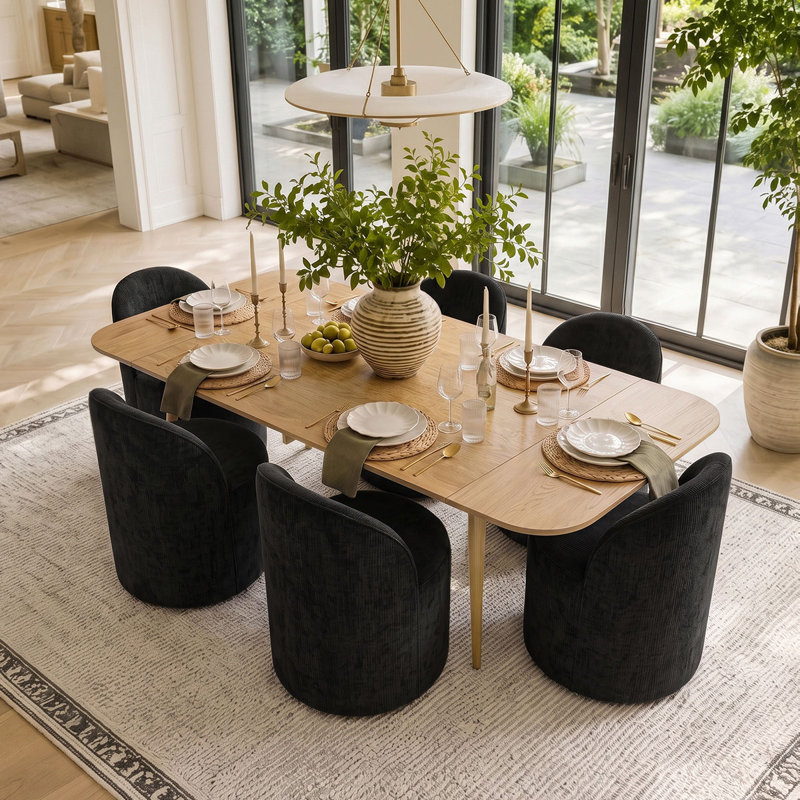 Ensemble de table de salle à manger pour 6 personnes avec table extensible et 6 chaises roulantes revêtues de chenille, Noir