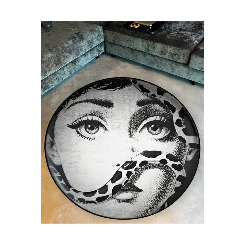 Black And Beige Women's Face And Snake Themed Woven Carpet, Round 3'4"