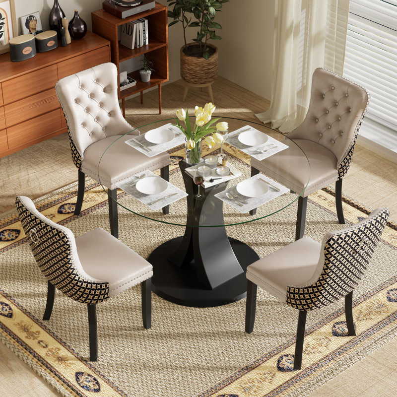 Ensemble de salle à manger 4 pièces, Géométrique beige, H 29,5 po x l 39,7 po x P 39,7 po, Clair