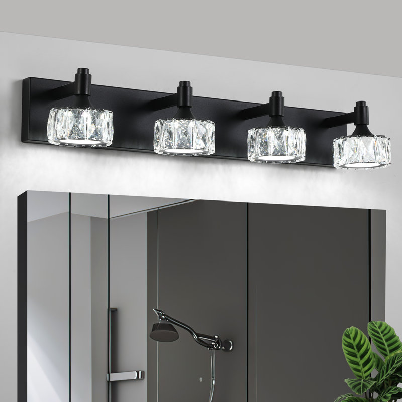  Éclairage pour meuble-lavabo de salle de bain 4 lumières noir mat avec abat-jour en cristal, applique murale à DEL pour miroir de salle de bain