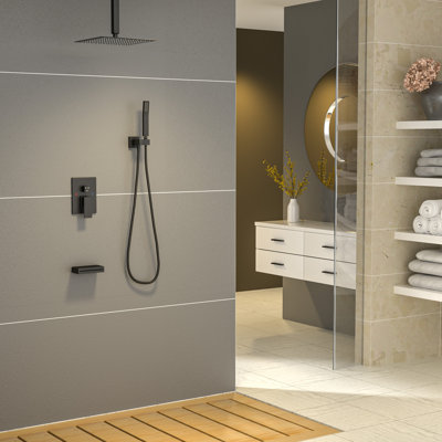 12 inch Shower System Ceiling Mounted Rainfall Shower Head with Handheld Sprayer, Waterfall Tub Spout and Rough-in Valve