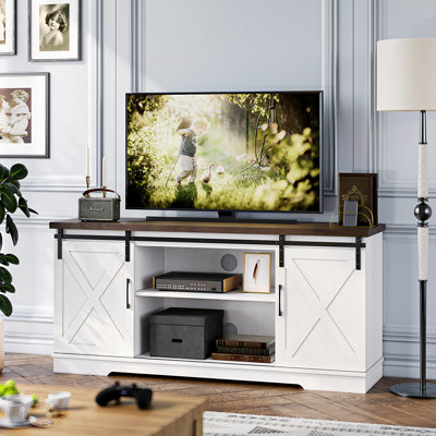Banc à chaussures de style maison de campagne - Porte de grange contrastante blanche et brune moderne - Portes coulissantes, tablettes de rangement, armoire - Idéal pour le salon ou la chambre à coucher - Meuble télé brun / blanc à porte de grange contrastante