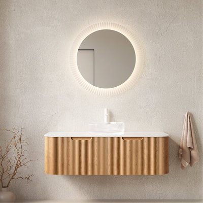 Meuble-lavabo 48 po, meuble-lavabo rayé à bords arrondis avec 2 tiroirs, lavabo rond en verre transparent et plateau en pierre frittée blanche, grain de bois naturel pré-assemblé