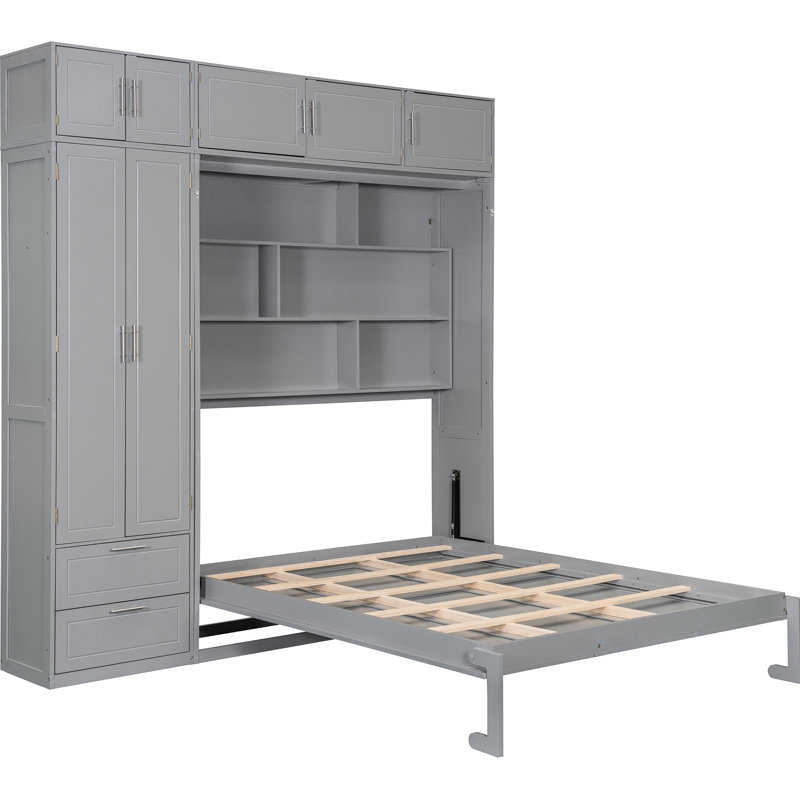 Lit escamotable grand format mural gris avec tablettes, tiroirs et garde-robe pour petits espaces suspendus