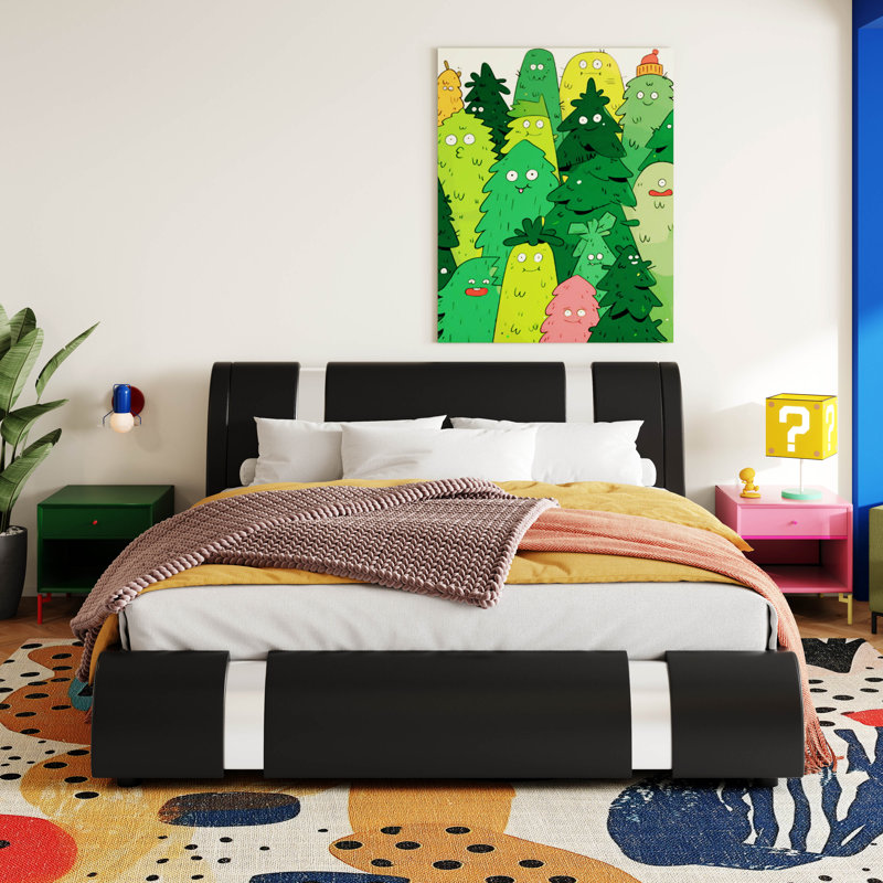 Hejran Artificial Leather Upholstered Platform Bed, No Box Spring Needed, Queen, Black