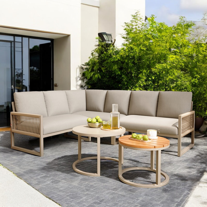 Outdoor Conversation Sets For 6-7 People With Galvanized Iron Frame Corner Sofa, Beige