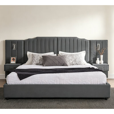 Structure de lit très grand tapissier, velours avec boutons à rayures verticales, lit plateforme avec tête de lit et structure solide + table de chevet, aucun sommier requis, gris