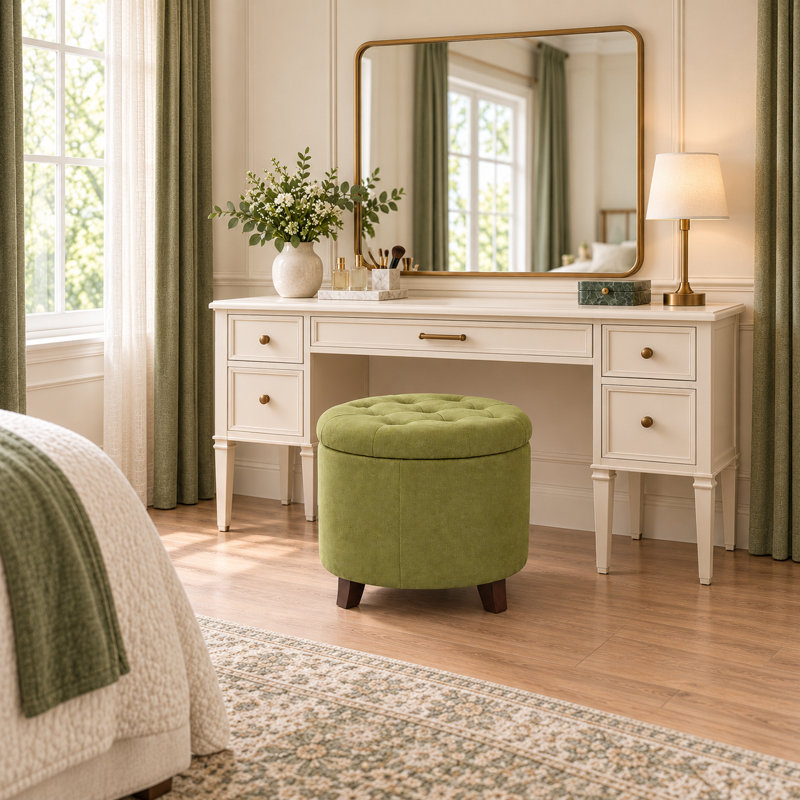 19.7" Linen Upholstered Storage Ottoman  For Living Room, Dark Green Linen