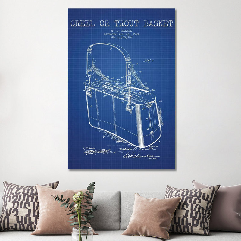 W.L. Marble Trout Basket Patent Sketch (Blue Grid) by Aged Pixel - Wrapped Canvas Print, 152.5 cm H x 101.5 cm W x 3.175 cm D