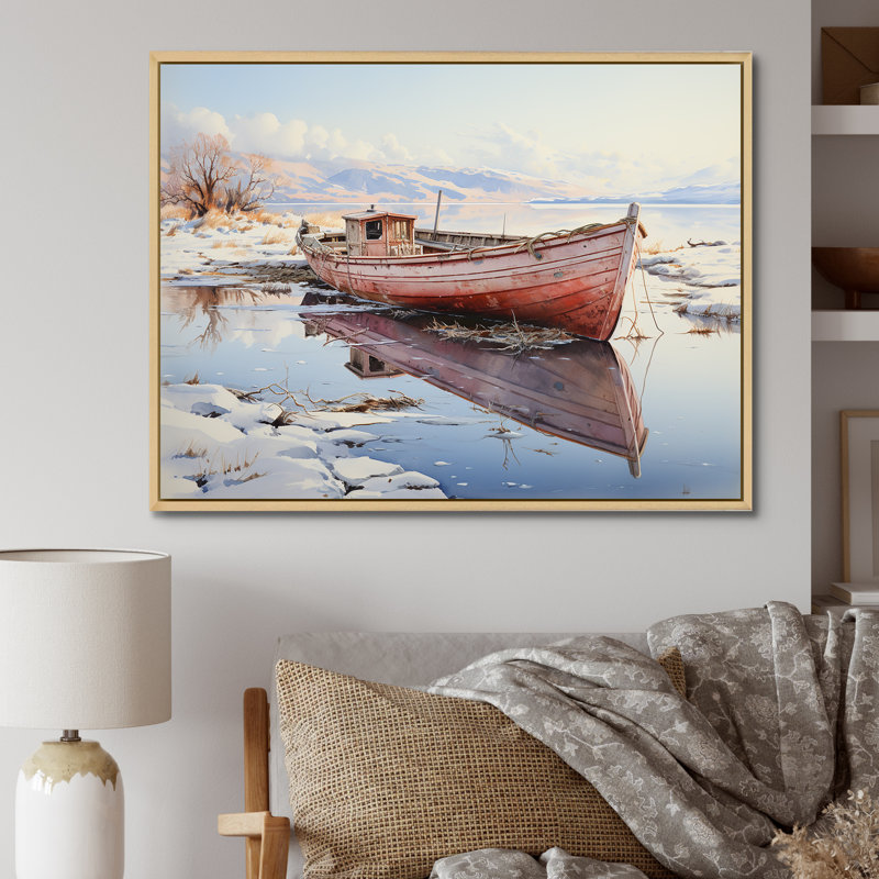 Rouge et blanc, bateau de pêche d'hiver Tranquility I - art mural minimalisme, Cadre flottant brun