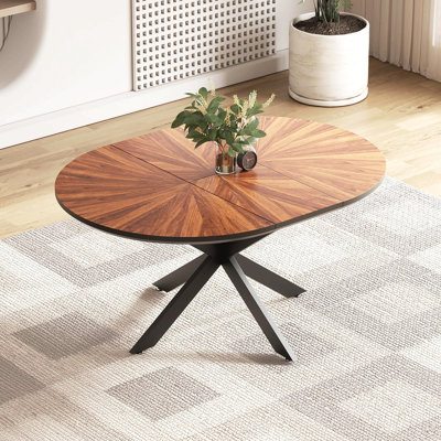 47.2"-63" Extendable Round Dining Table For 4-6, Solid Wood Tabletop & Metal Frame, Walnut Dining Room Furniture