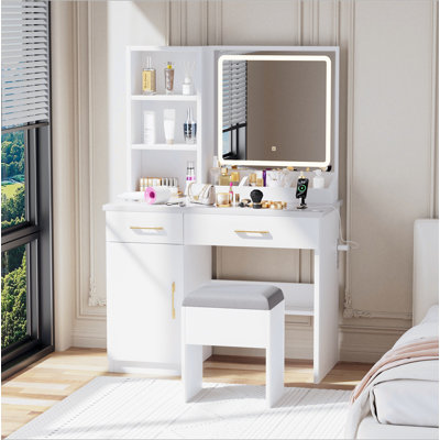 Meuble-lavabo 3 en 1 avec miroir ouvert, ensemble de coiffeuse avec bureau en verre visible, coiffeuse compacte avec 3 tiroirs et tabouret, coiffeuse pour chambre à coucher