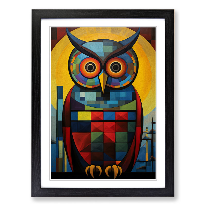 Owl Constructivism - Single Picture Frame Print on Wood, 64cm H x 46cm W x 2cm D, Black Framed