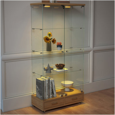 Vitrine moderne en verre avec 2 grands tiroirs, armoire antique à assemblage rapide avec lumières DEL, bibliothèque en verre trempé, armoire de rangement à 2 portes avec 4 tablettes pour le salon et la chambre à coucher, naturel