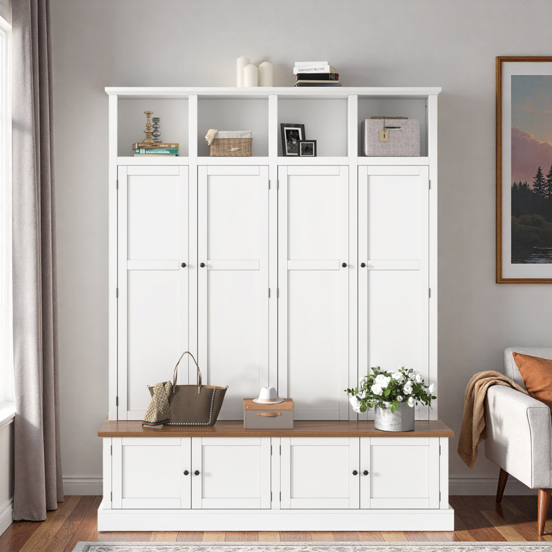 Farmhouse Hall Tree With Bench, Coat Rack, Open Compartments, 4 Cabinets And Enclosed Storage Spaces, White