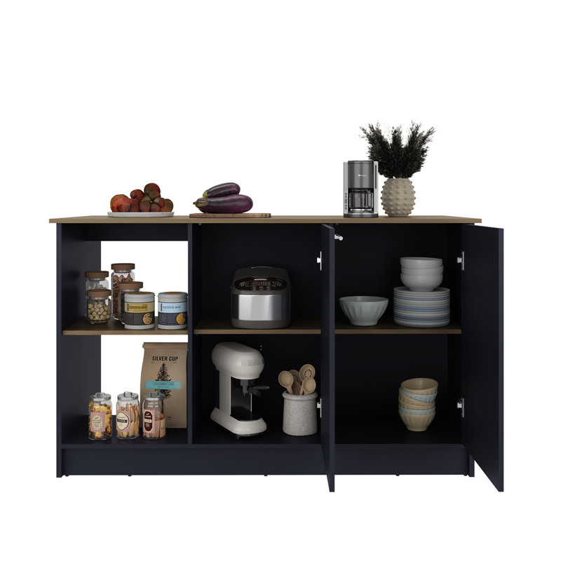Kitchen Island With Juniper Look, Double Door Cabinetry, Three Open Storage Shelves, Blue And Cream Colors, Particle Board Material, 59.05 Inches Wide Unit, 26.3 Deep Countertop, 35.66 Tall Structure