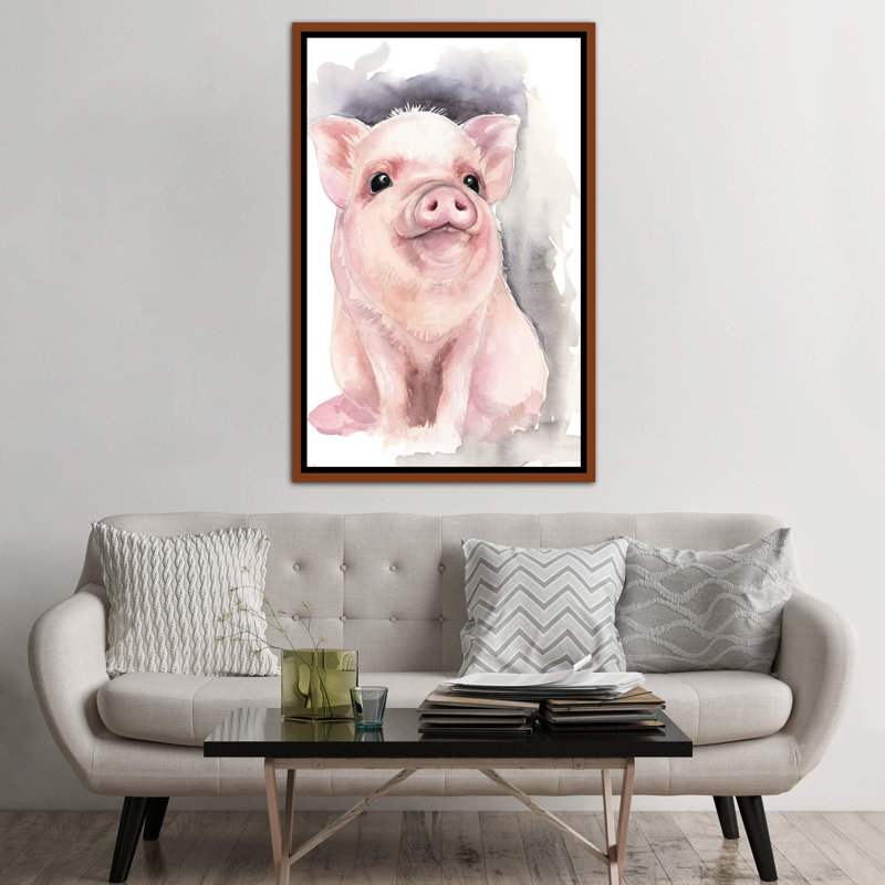 Décoration murale cochon pour enfants, Toile classique avec cadre brun, H 40 po x l 26 po x P 1,5 po