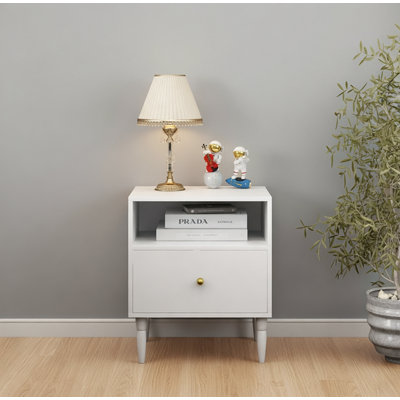 Table de chevet blanche moderne avec tiroir et tablette ouverte pour espaces compacts