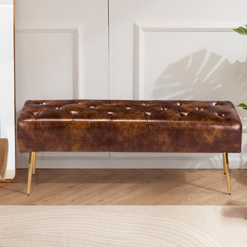 Lora Mid-Century Modern Tufted Leather Bench, 44" Wide with Metal Legs, Yellowish Brown Faux Leather, Gold