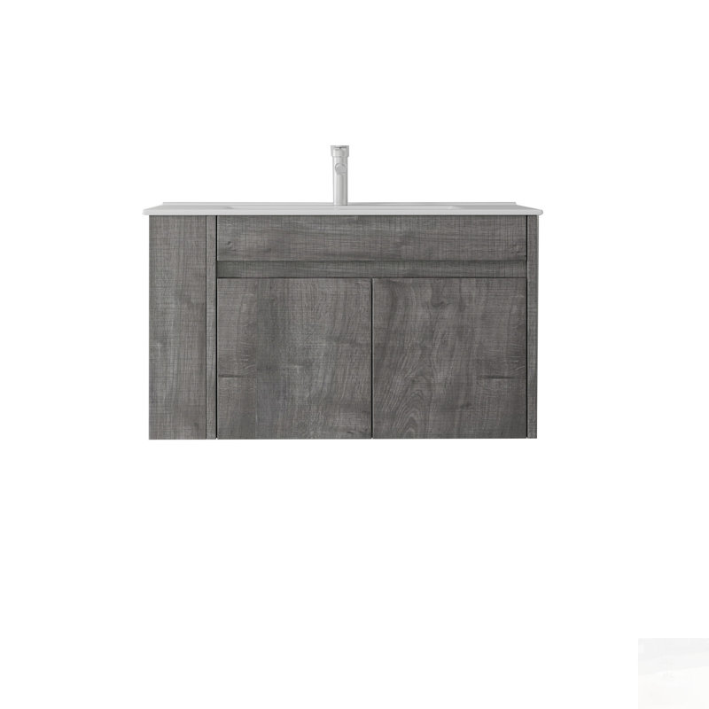 Meuble-lavabo flottant avec porte à fermeture en douceur, lavabo en céramique et fabrication en contreplaqué durable, Gris