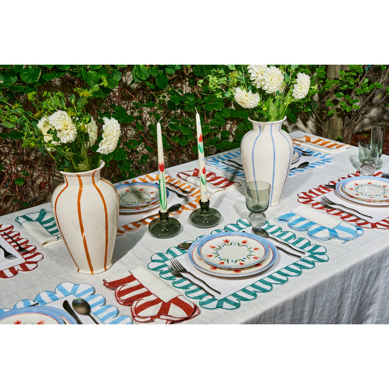 Jardin Embroidered Linen Scalloped Stripe Placemats, White/Amber
