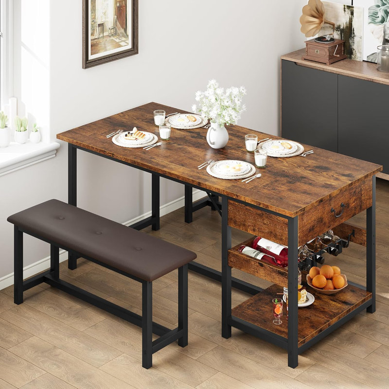 Kitchen Dining Table Set With Upholstered With Storage Drawers & Wine Rack, Brown