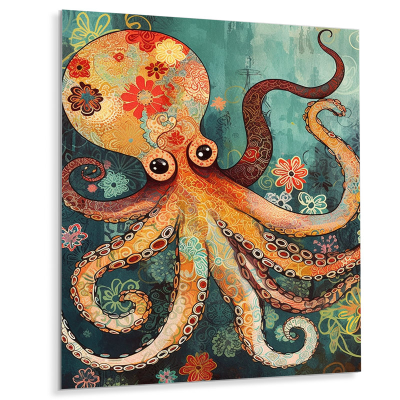 «Flowerful Octopus Deep Sea Boho Vintage», art mural poulpe / calmar, Sans cadre, métal, H 32 po x l 16 po