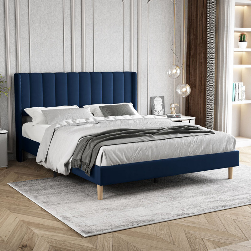 Lit plateforme tapissier, Grand, Bleu