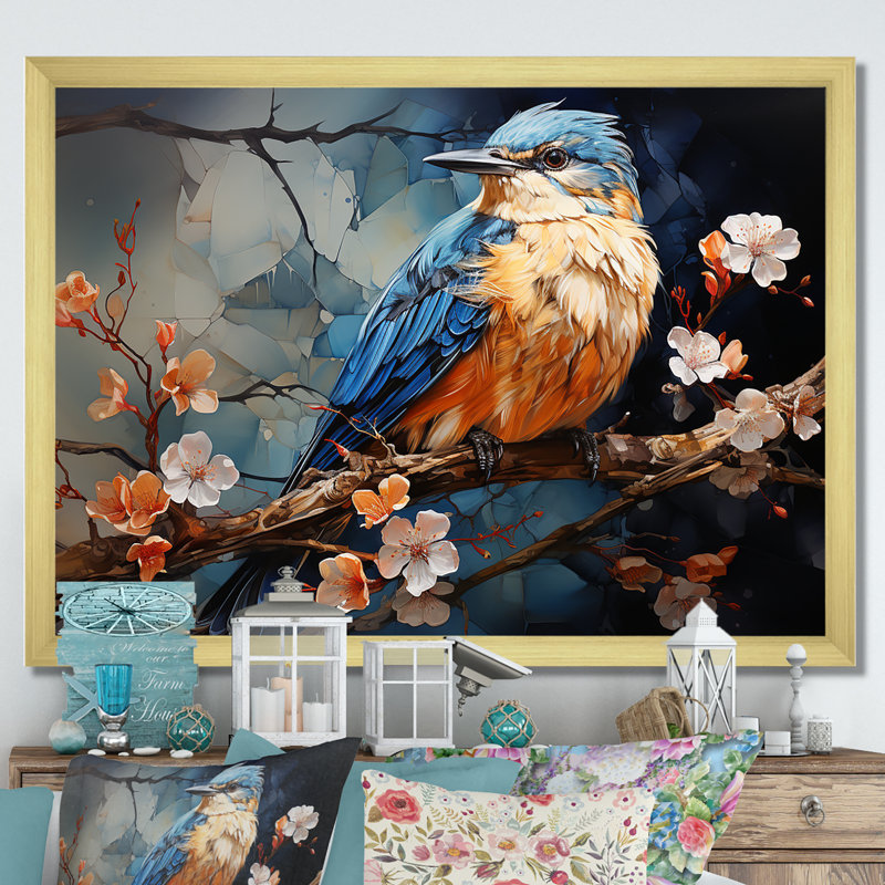 Oiseaux géométriques dans un ciel cubique III, H 30 po x l 40 po x P 1,5 po, Cadre doré simple